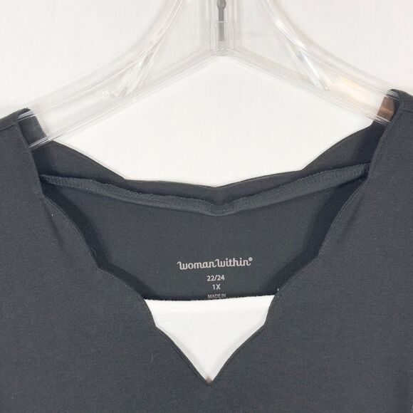 Woman Within Plus Size 1X 22W 24W Top Black Short Sleeve Scalloped Neck 1603 - Picture 3 of 5